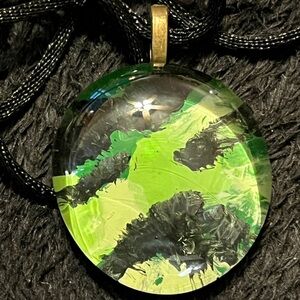 Rare Unique Resin One of a Kind Green and Black Abstract Pendant Necklace